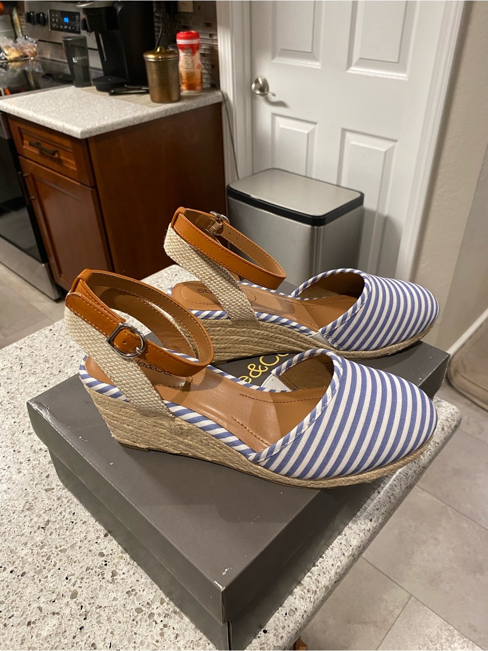 Style & Co. Blue and White Striped Espadrille Wedges with Tan Ankle Strap